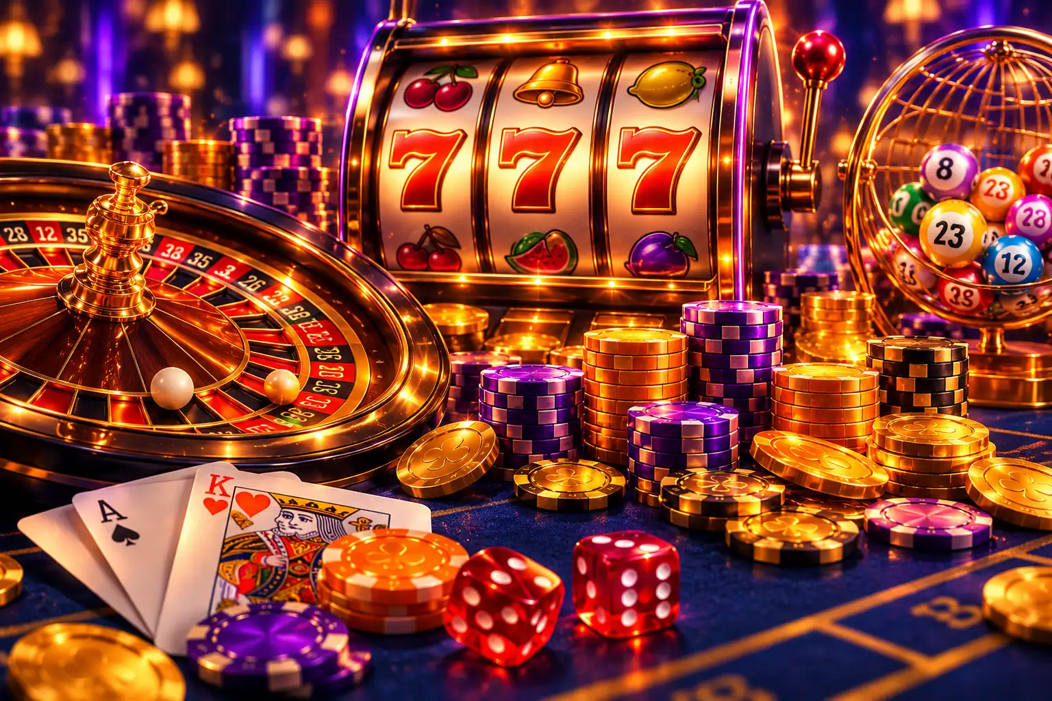 Tragamonedas, ruleta y fichas del lobby de Casino Nano